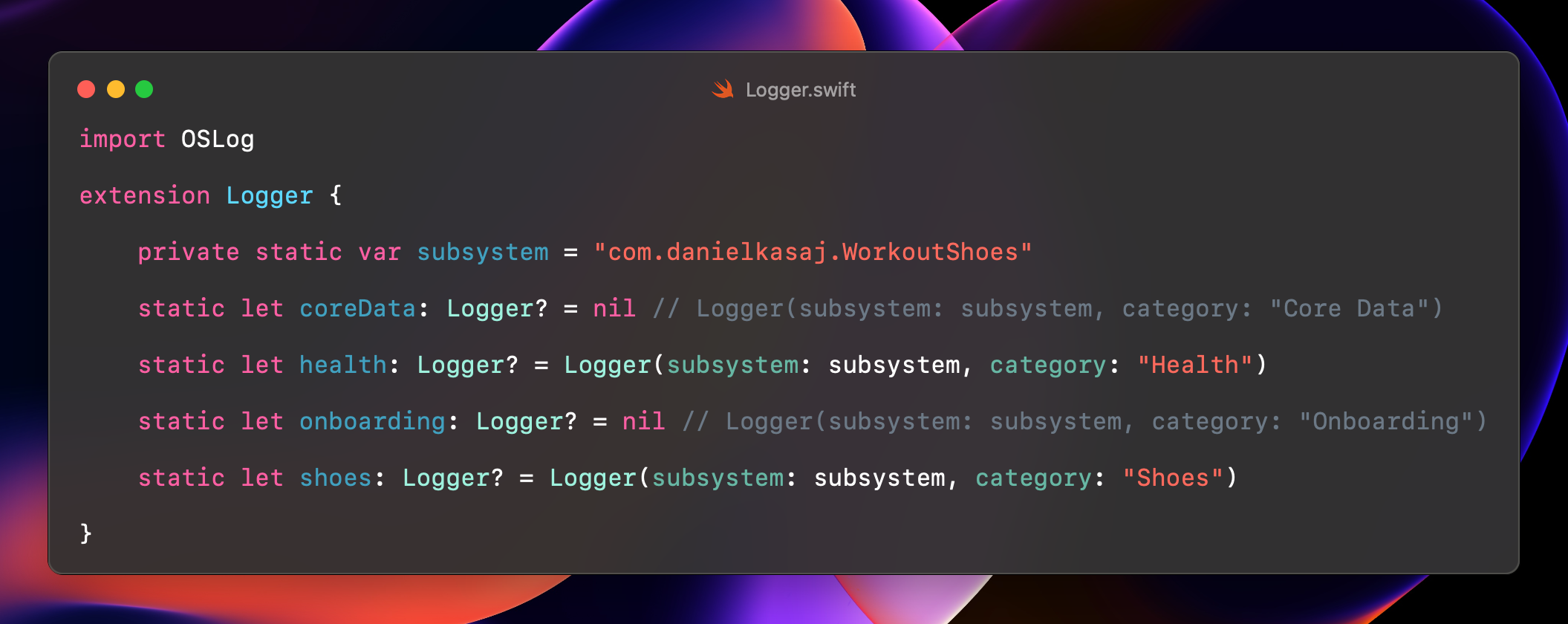 Logger extension managing active subsystems