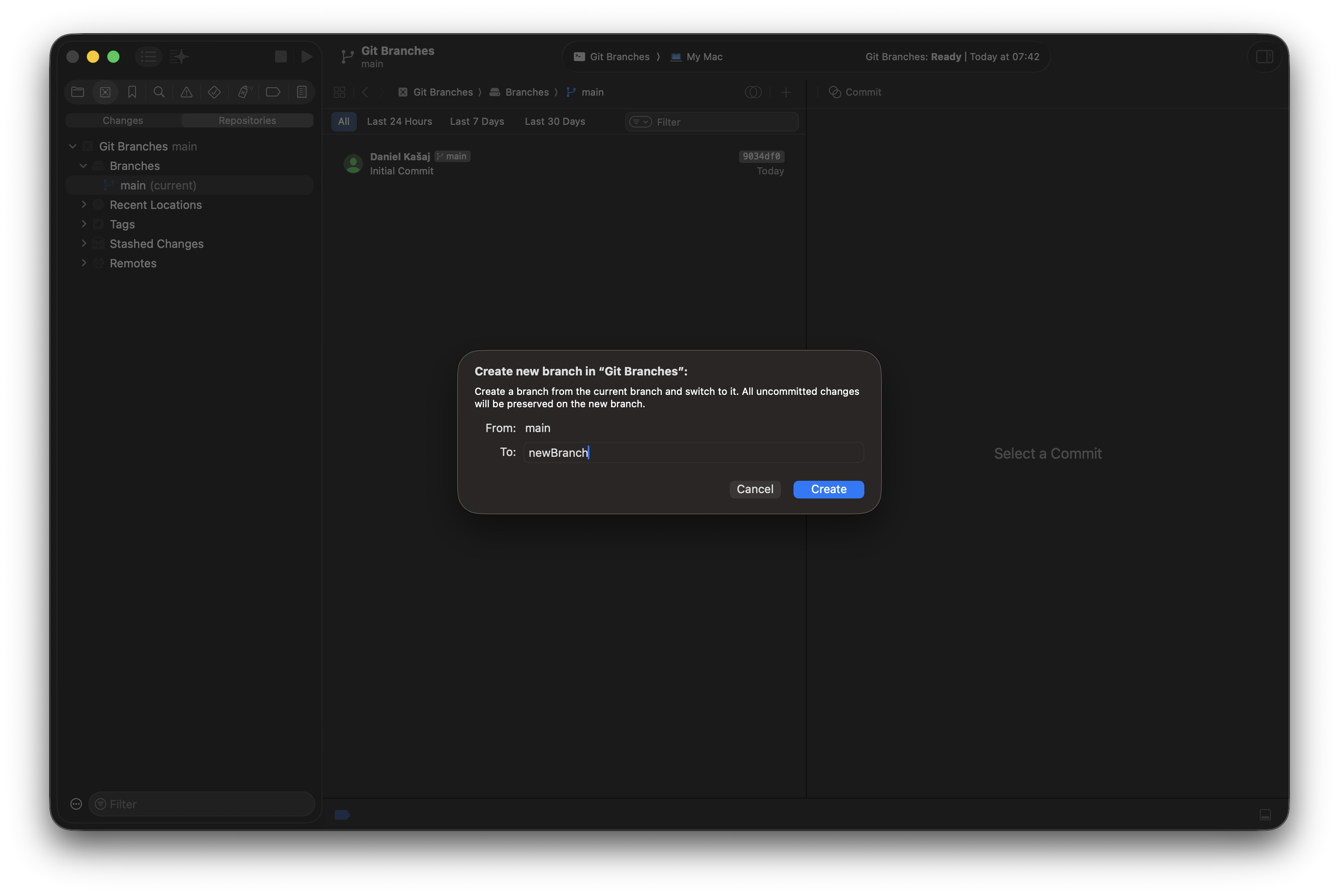 Creating a new branch in Xcode