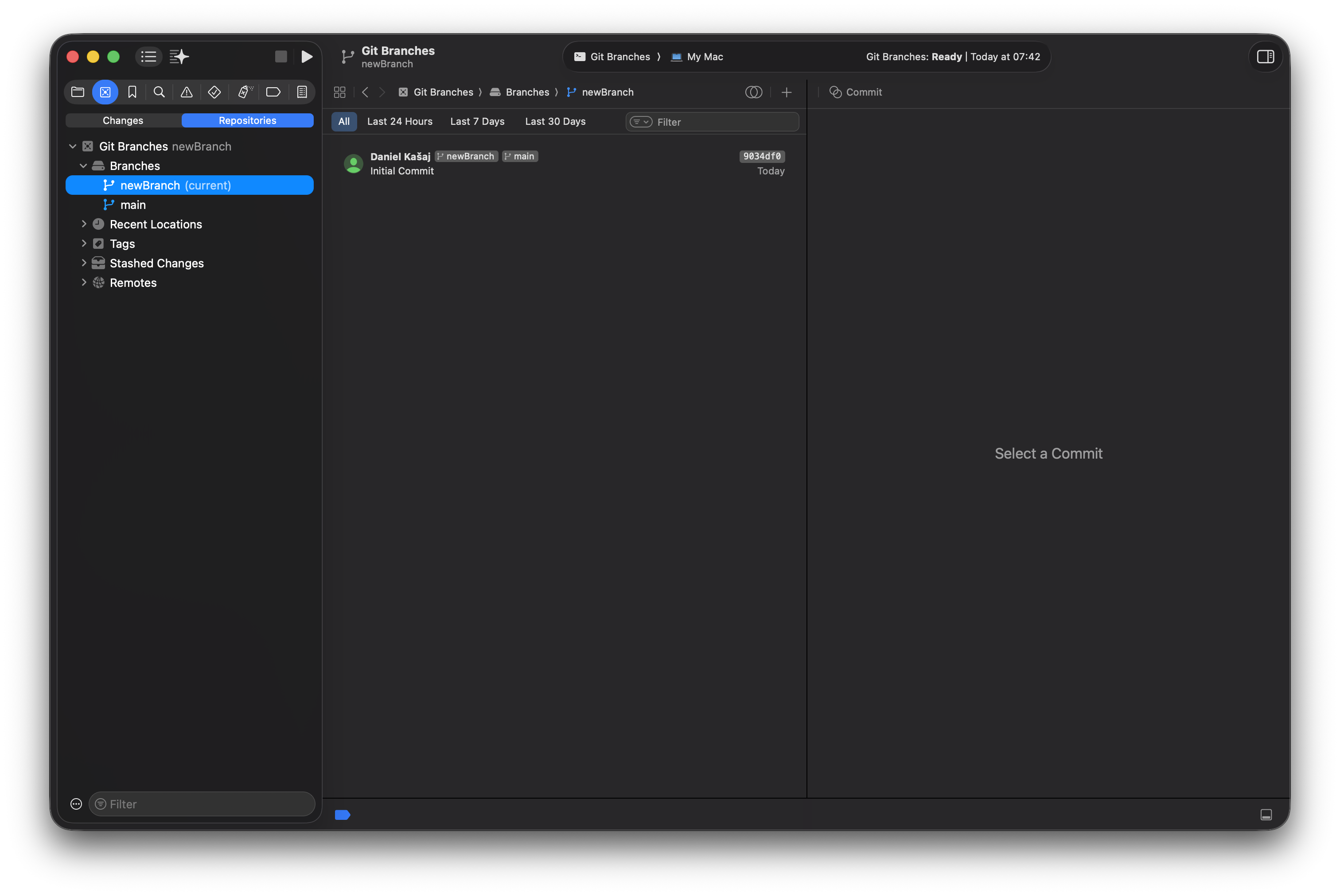 New branch visible in Source Control Navigator